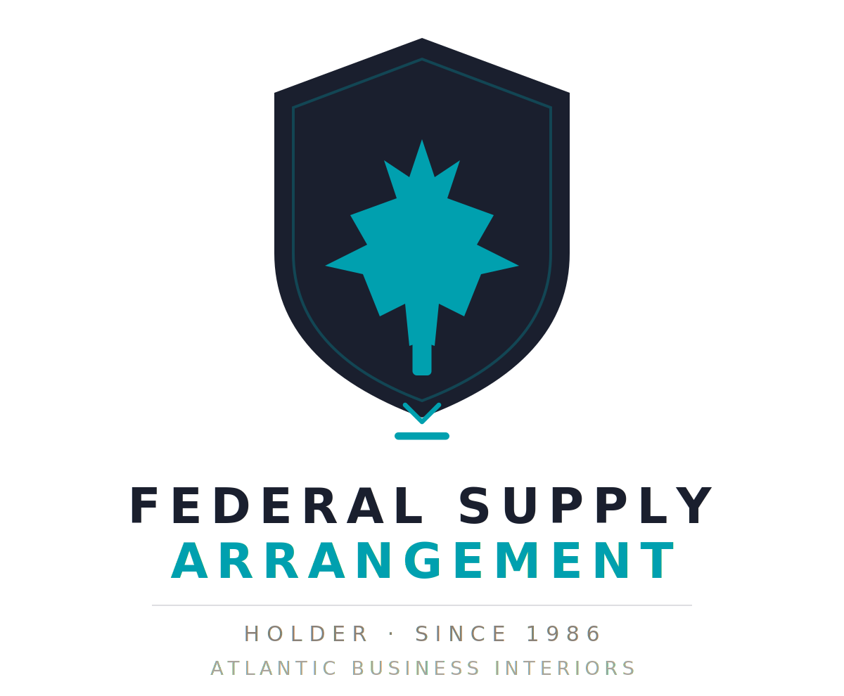 Federal Supply Arrangement logo featuring a shield with a stylized maple leaf and text stating holder since 1986 Atlantic Business Interiors.
