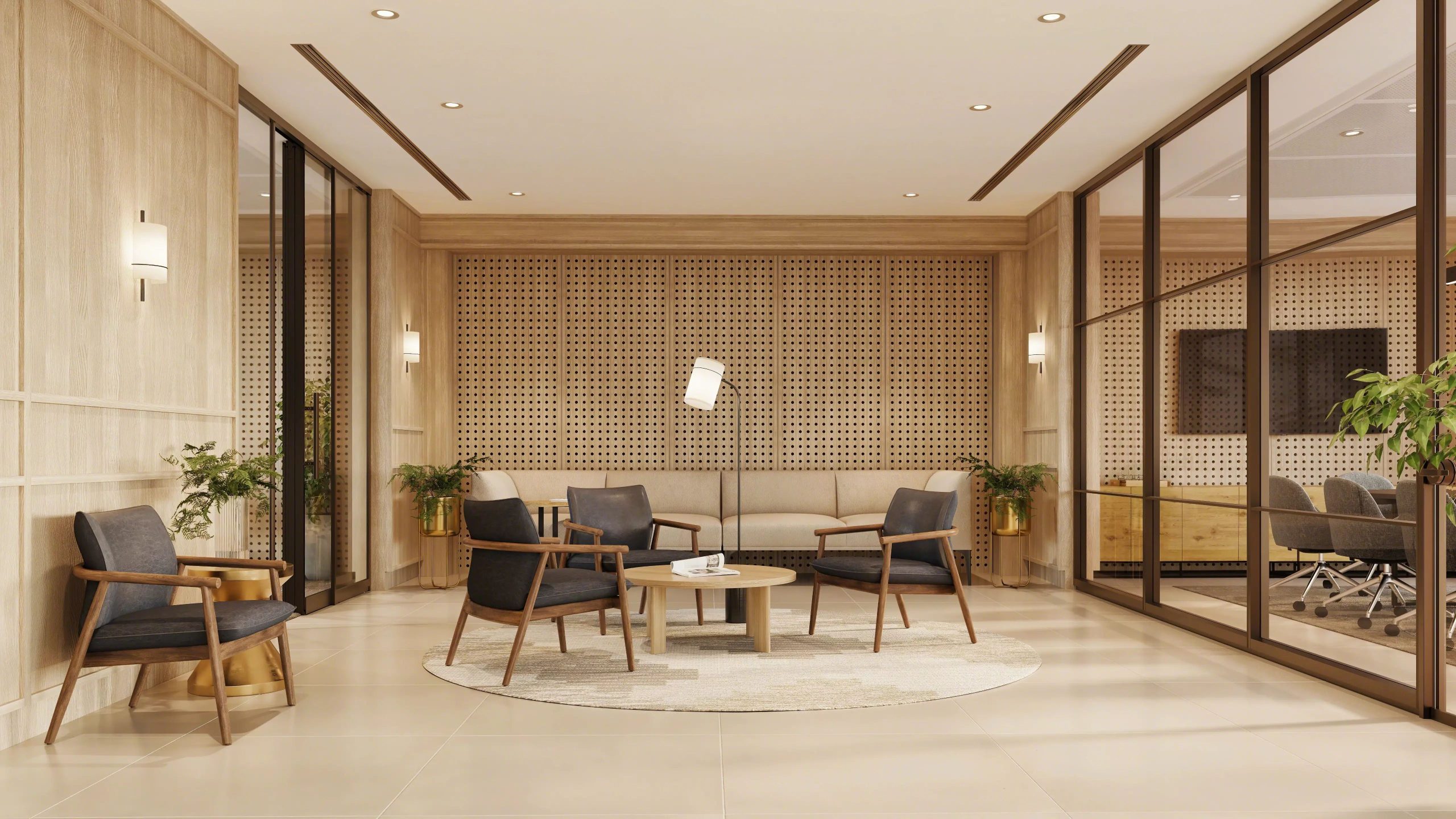 West Elm Work Fulton lounge seating in a modern bank reception area