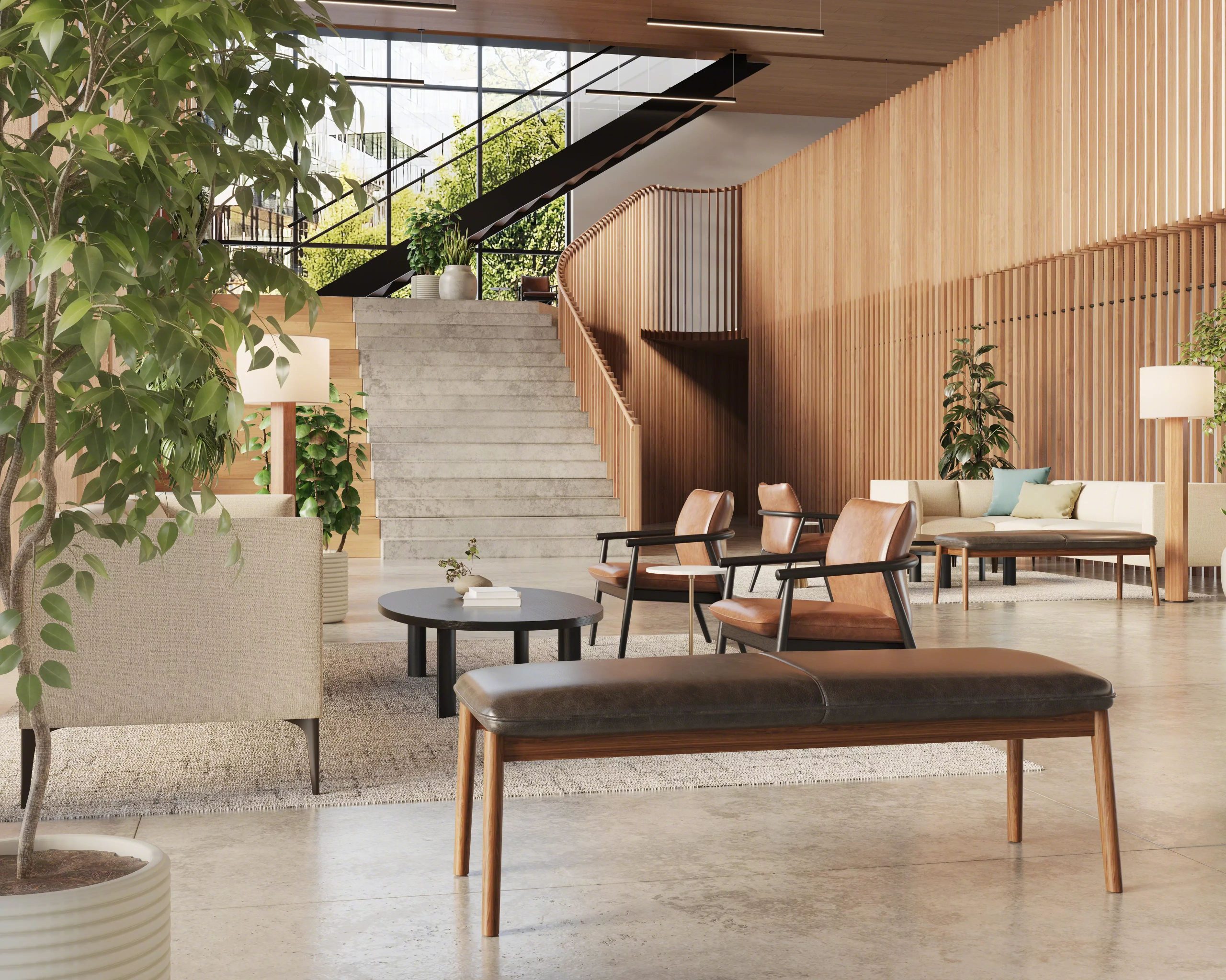 West Elm Work Fulton lounge seating in a modern bank reception area