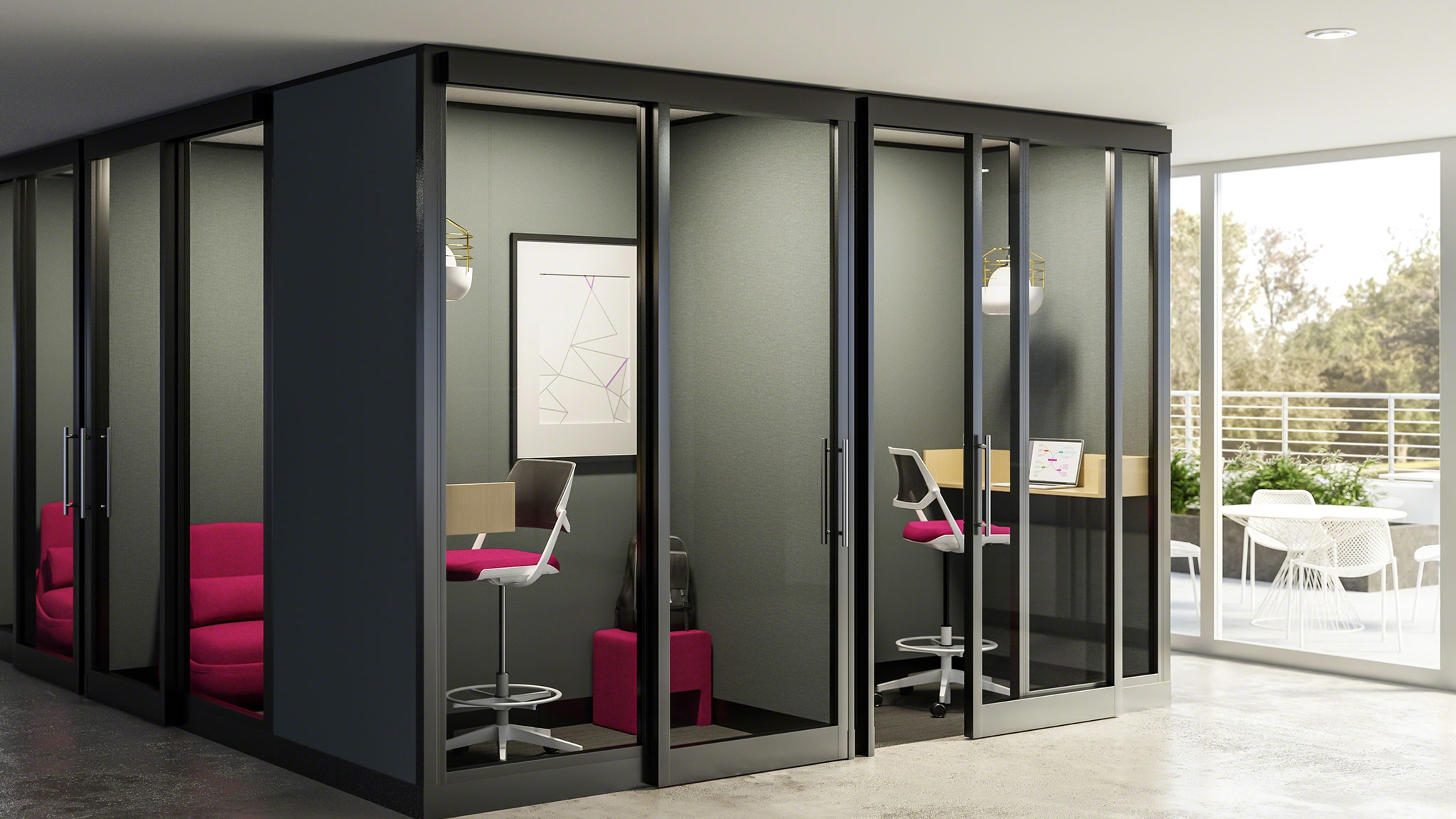 Office privacy wall system creating confidential banking consultation areas