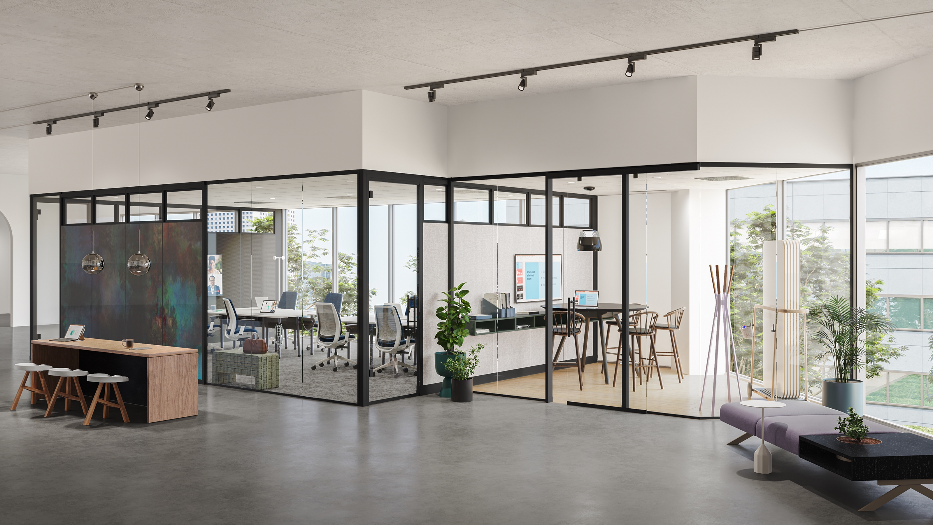 Office privacy wall system creating confidential banking consultation areas