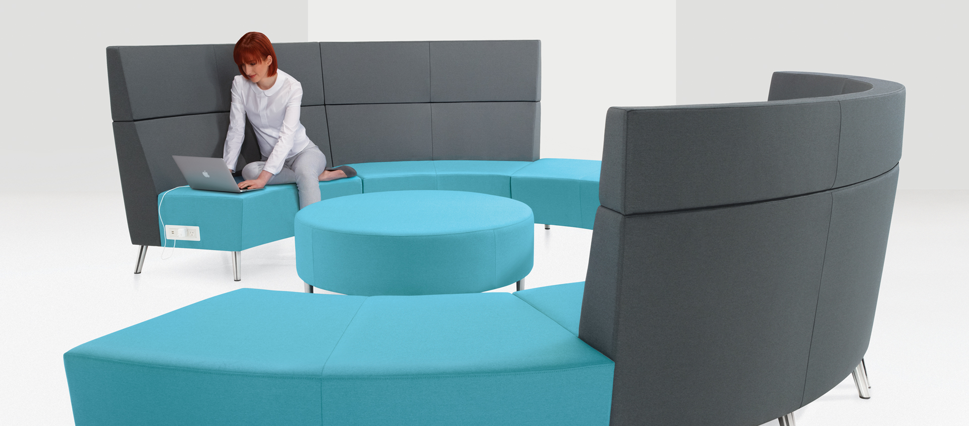 River seating for customer waiting areas in a modern bank branch