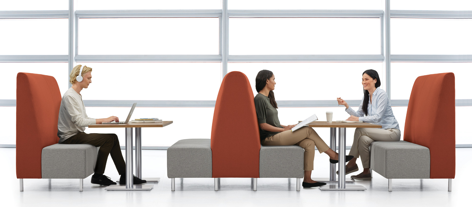 Venture banquette seating in a contemporary retail banking lounge
