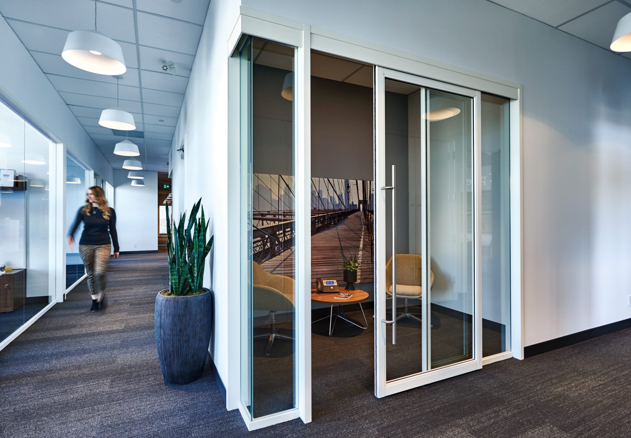 Sliding glass door office partition system for flexible workspace privacy