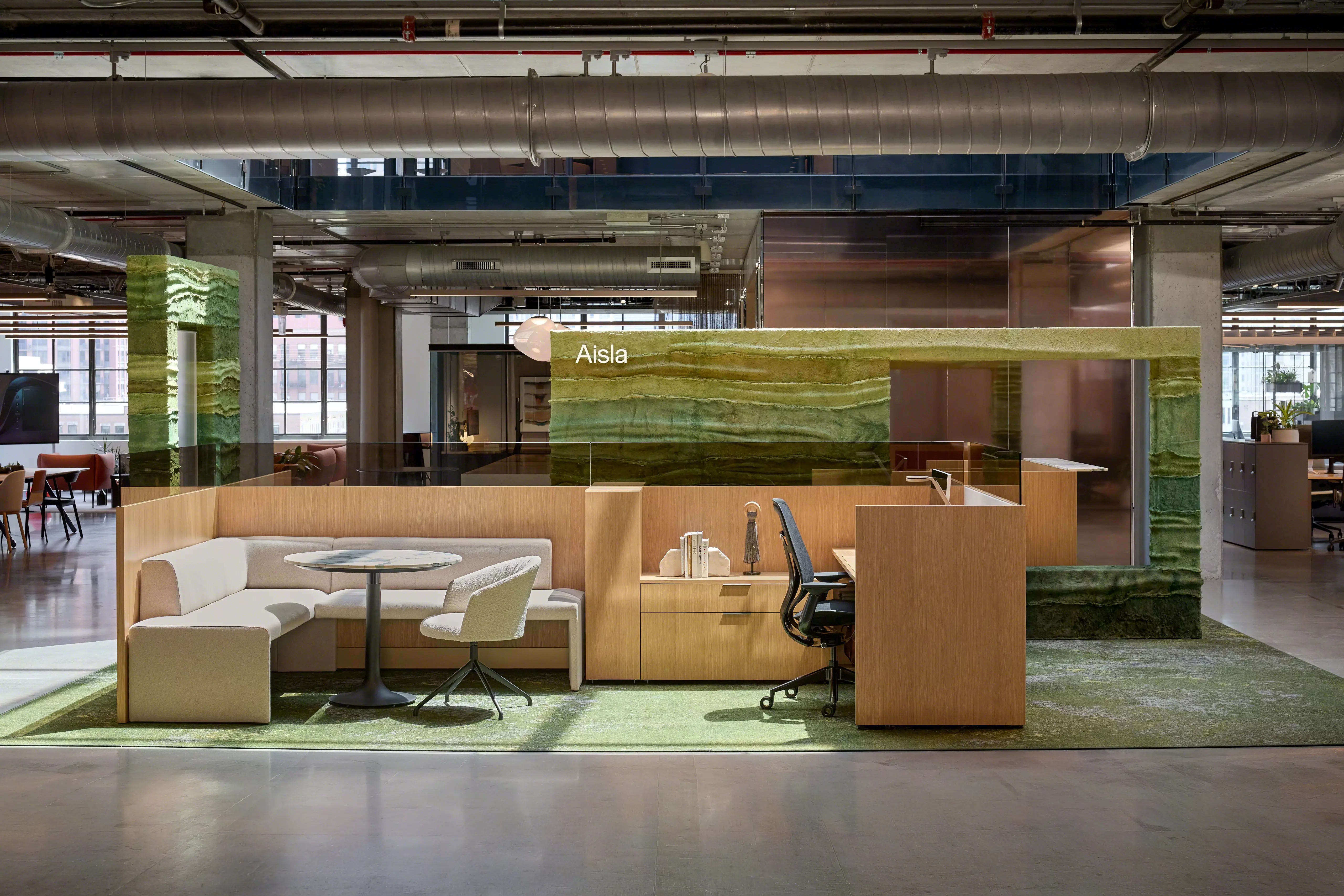 Modern working room with wooden chairs, whiteboard on wooden wall, large window, and green plant in a beige pot.