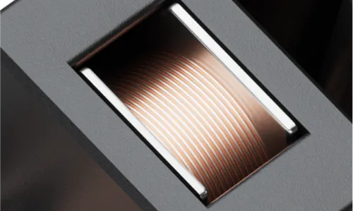 Close-up of a metallic coil spring inside a rectangular gray frame.