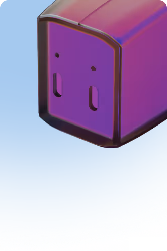 Close-up view of a purple and pink rectangular electronic device with two vertical slots and two small circular holes on one end against a blue background.