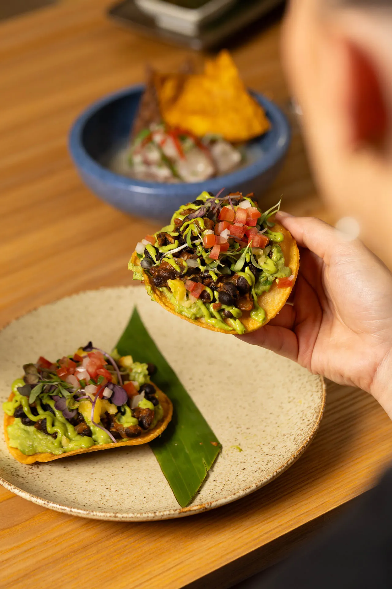 Hand holding a tortilla topped with black beans, guacamole, diced tomatoes, onions, microgreens, and green sauce, with another tortilla on a plate and a bowl of chips and salsa in the background.