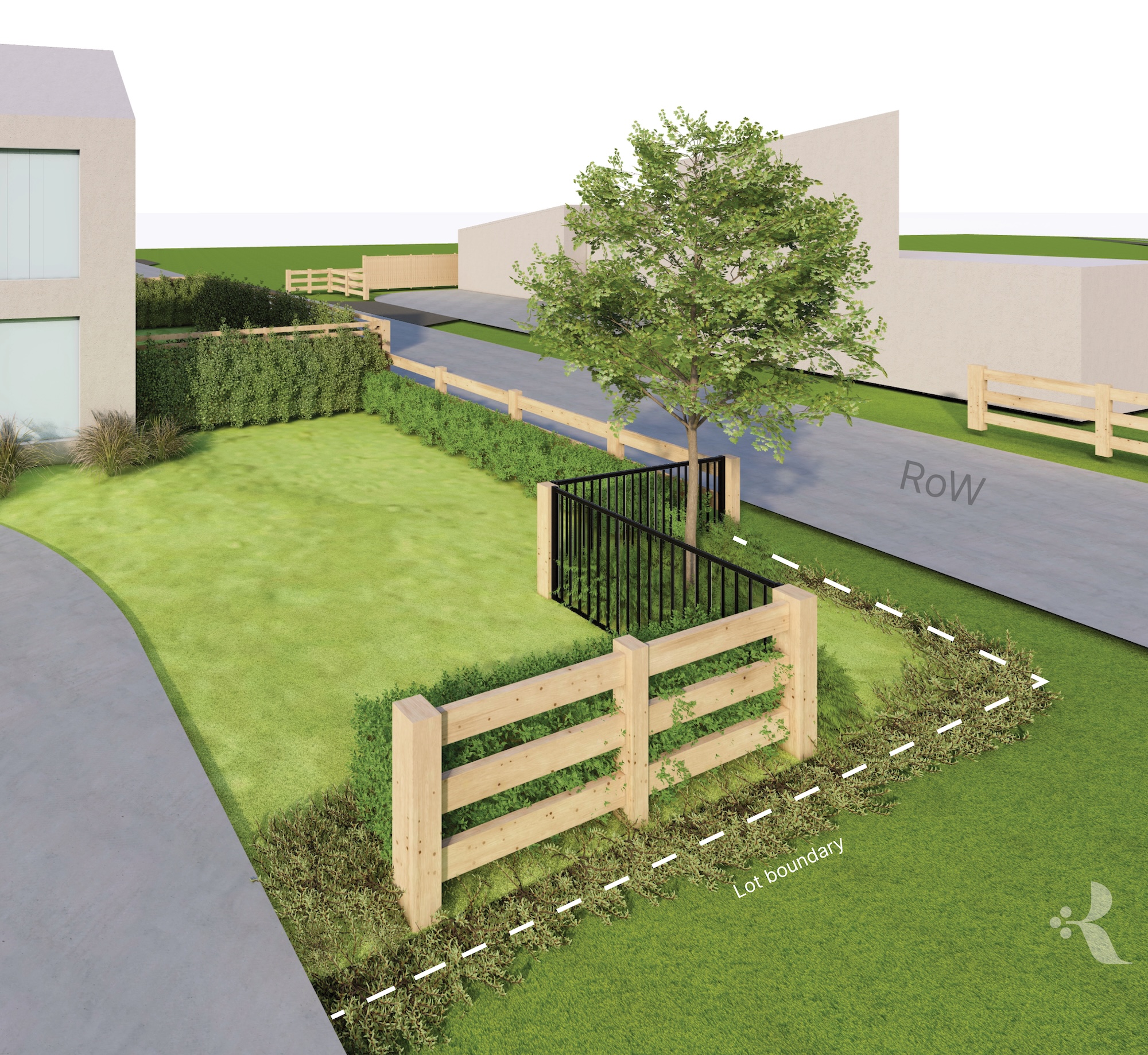 1E.1 Visibility splay — open style fencing stepped back into property with specific planting to ensure clear visibility when exiting RoW's