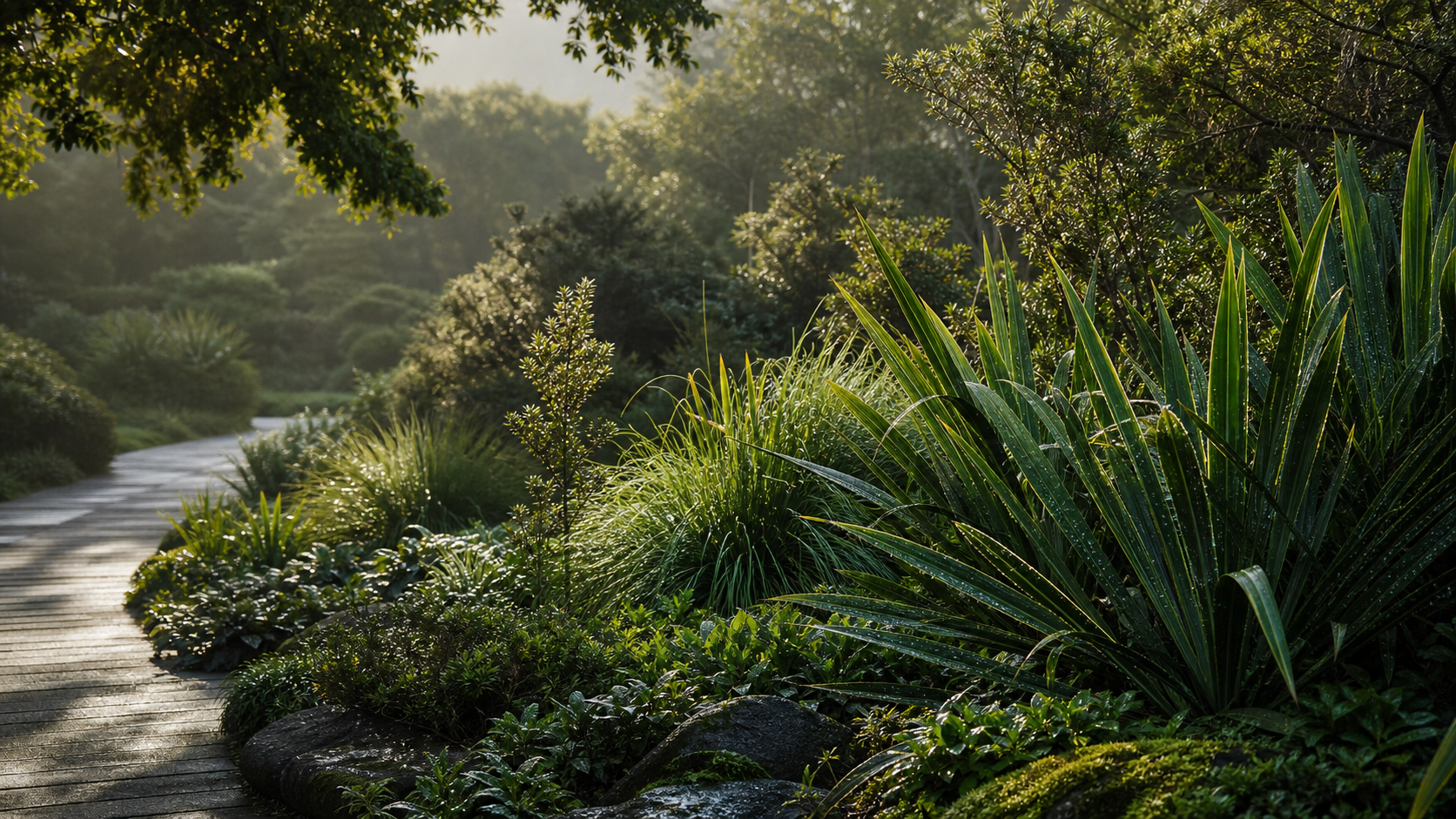 Layered native planting at a reserve edge — holding the character of the interface while keeping sightlines open.