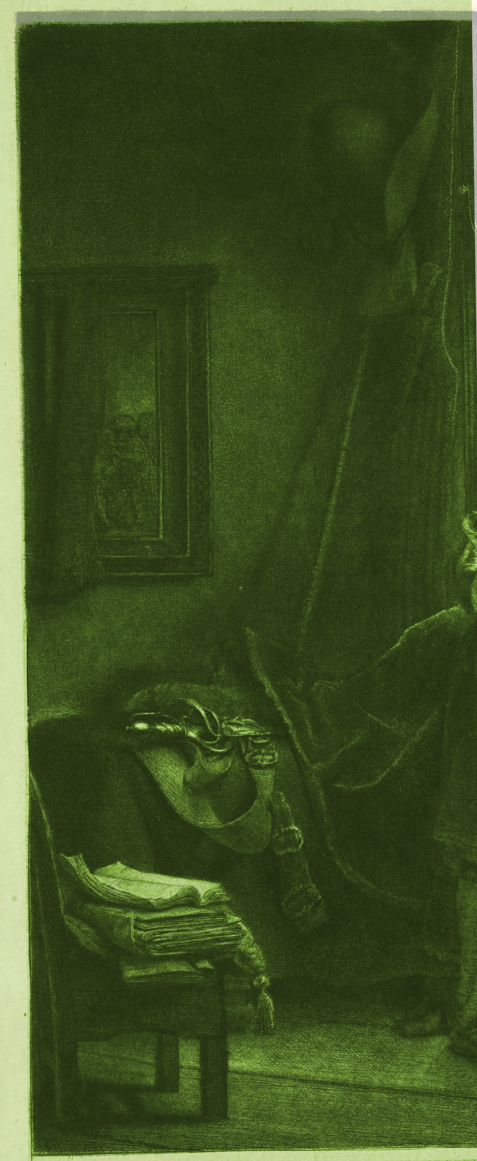 Book, curtain and knife overlay