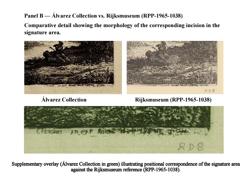 Panel B — Álvarez vs museum (signature detail)