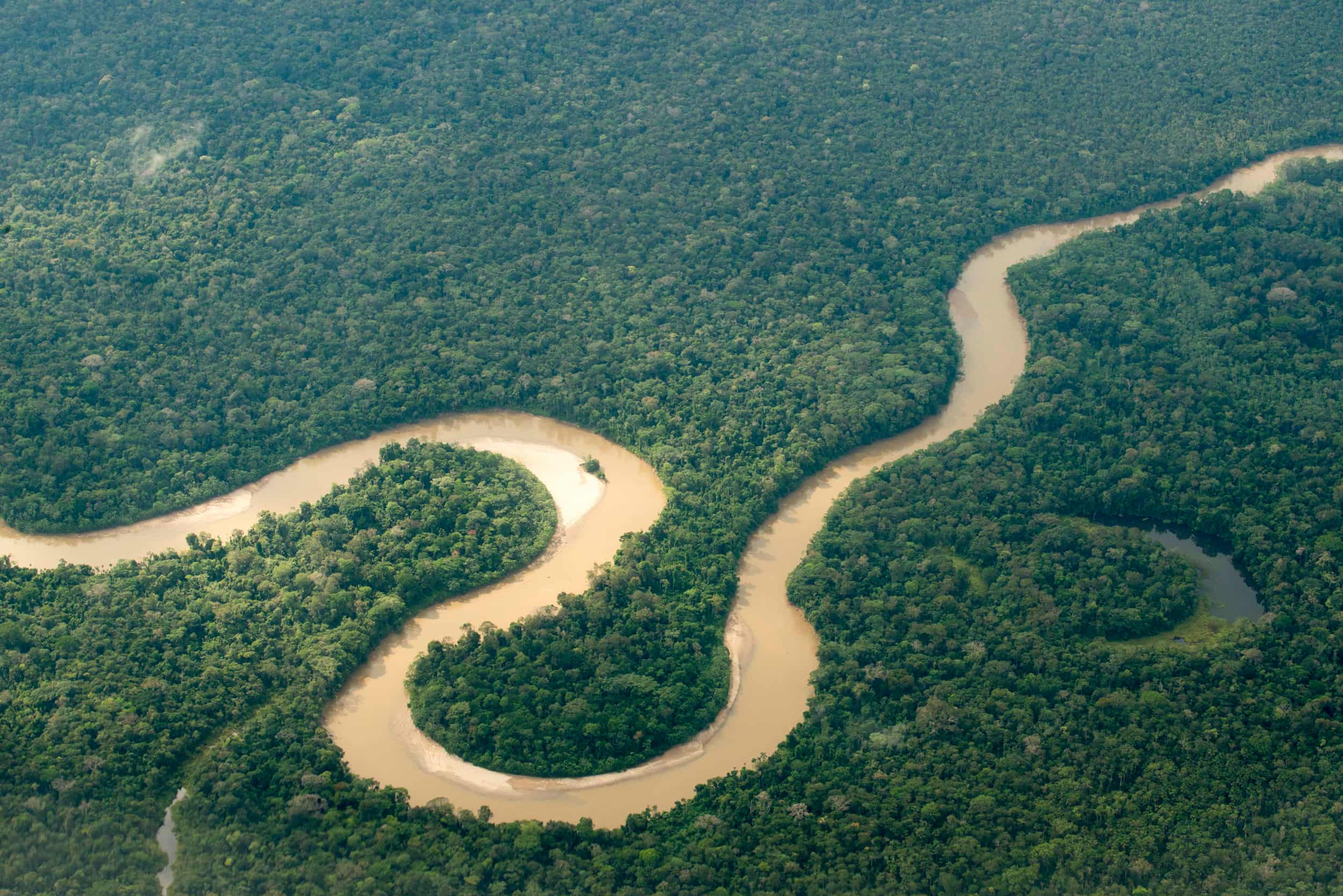 A winding river snakes through dense green rainforest in an aerial view.
