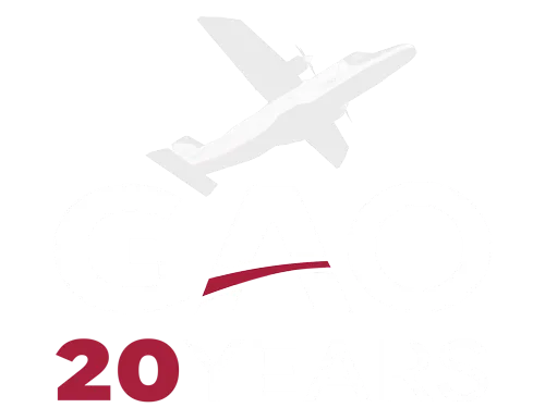GAO 20 years logo with an airplane silhouette above the letters on a black background.