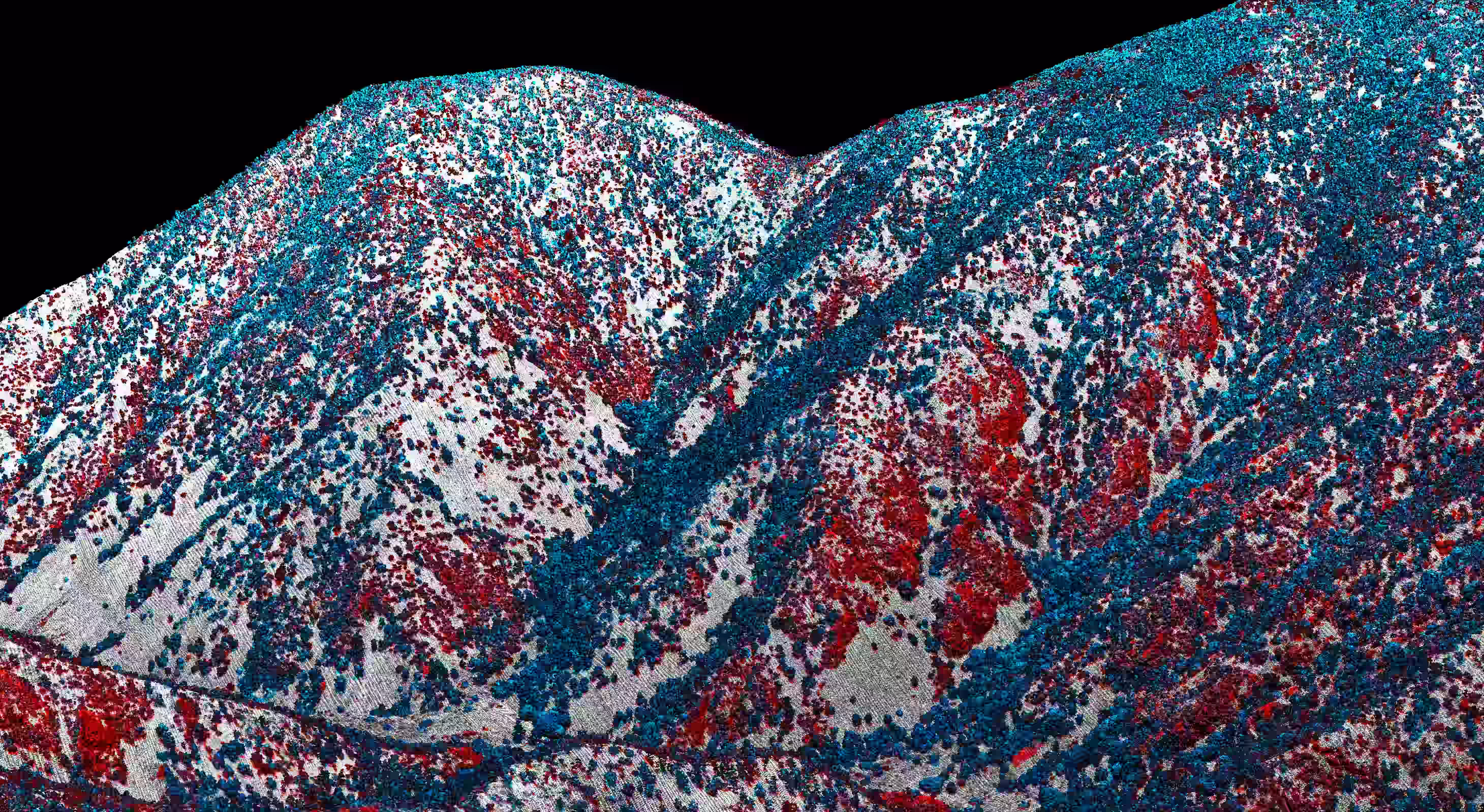 Topographic 3D map of mountainous terrain with red and blue forested areas on white ground.