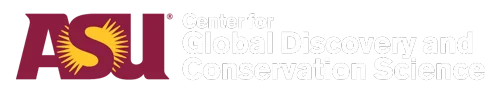 ASU logo with text Center for Global Discovery and Conservation Science in white on black background.