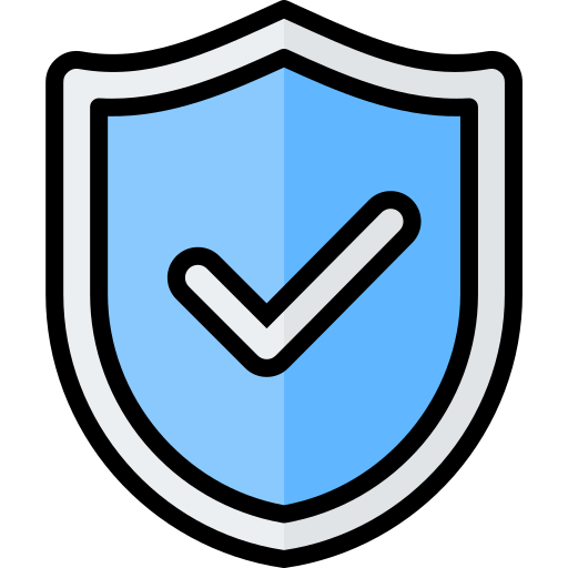 Escudo azul con un símbolo de marca de verificación blanca, representando seguridad y protección.
