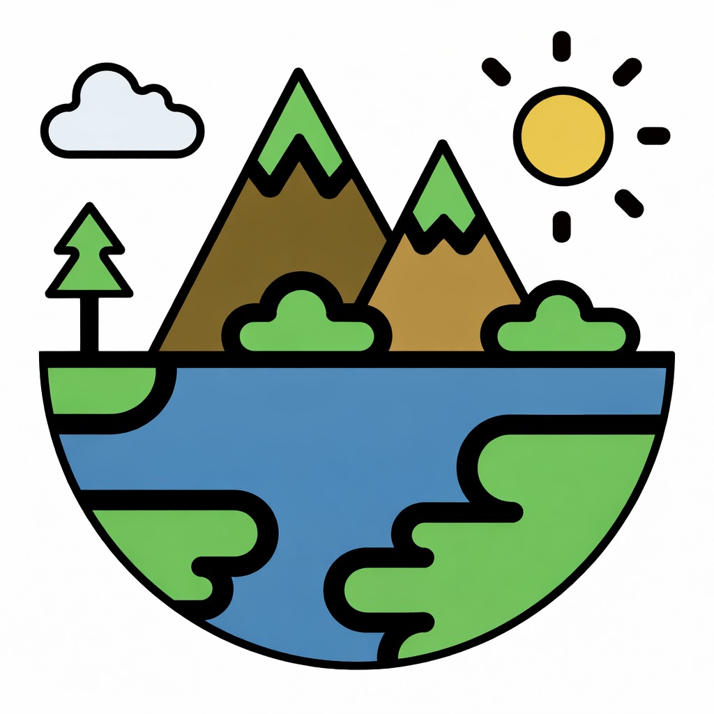 Ilustración de un paisaje con montañas, árboles, un sol amarillo y un cielo parcialmente nublado.