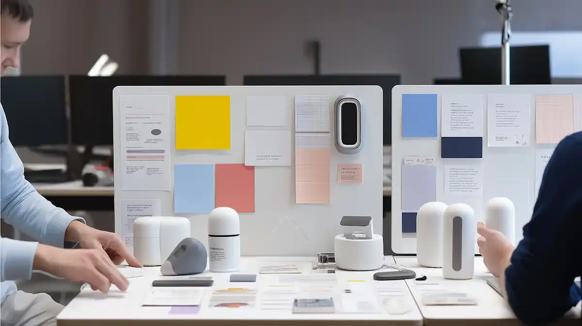 Modern office interior with glass meeting room, colorful yellow and blue walls, lounge seating, and workstations.