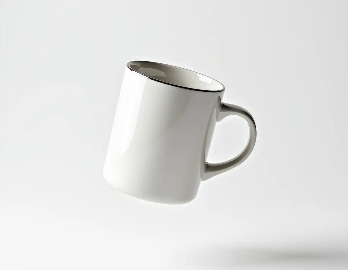 Minimal white ceramic mug on a light background.