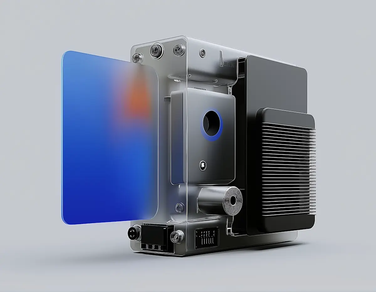 Vintage-style camera with blue gradient backdrop.