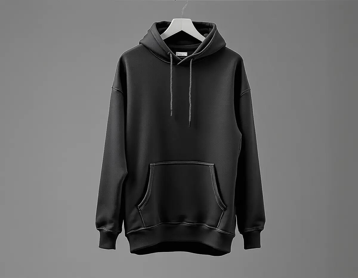 Black hoodie displayed on a neutral background.