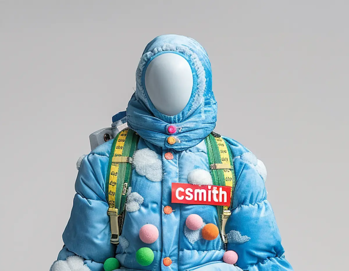 Blue astronaut-style jacket with colorful details on white background.