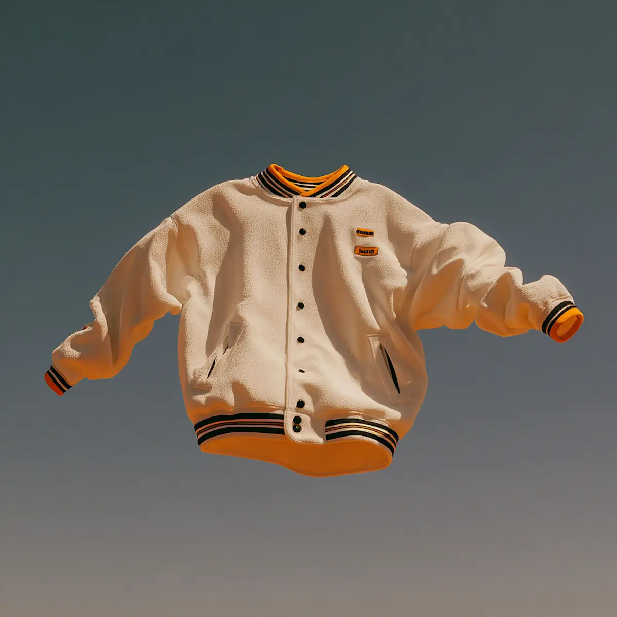 Floating beige varsity jacket on dark gradient background.