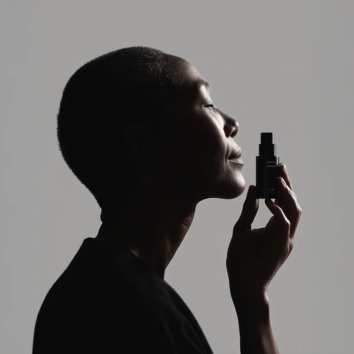Silhouette portrait of a person holding a perfume bottle in profile.