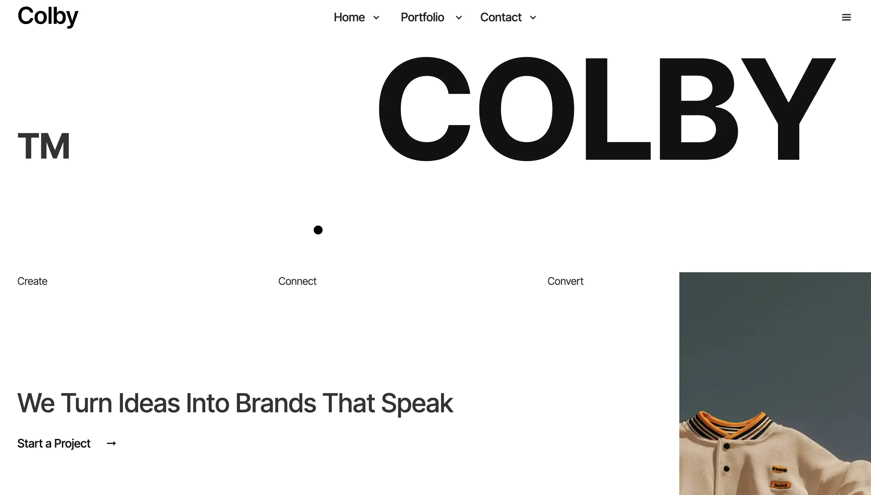 Colby minimal homepage layout with large logo and clean navigation.