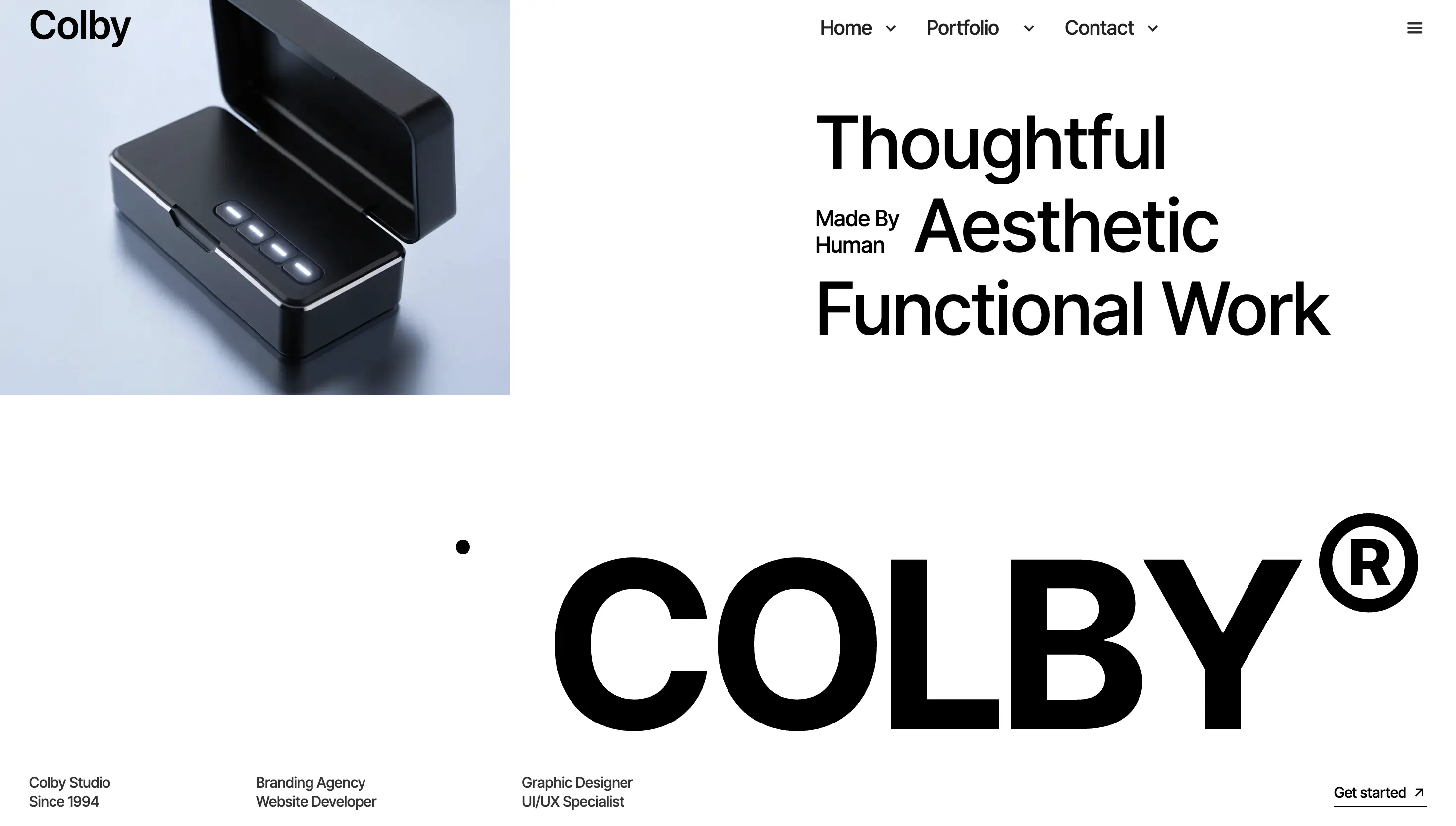 Colby homepage hero section with product image and bold headline.