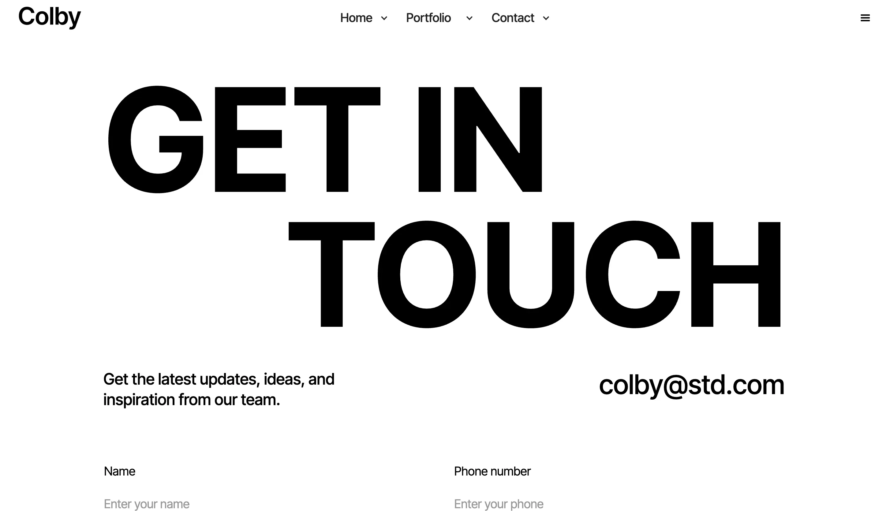 Colby get in touch page with bold typography and contact information.