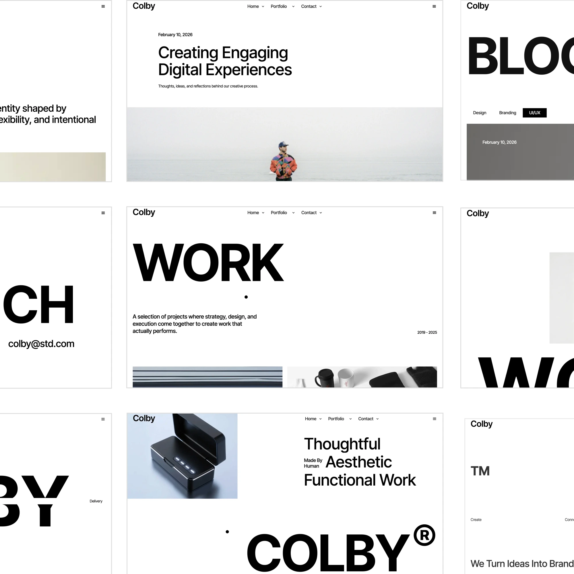 Colby multi-page layout grid preview with portfolio and branding sections.