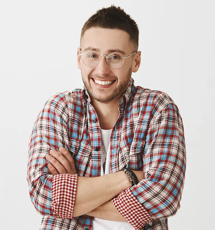Photo of man wearing checkered red shirt