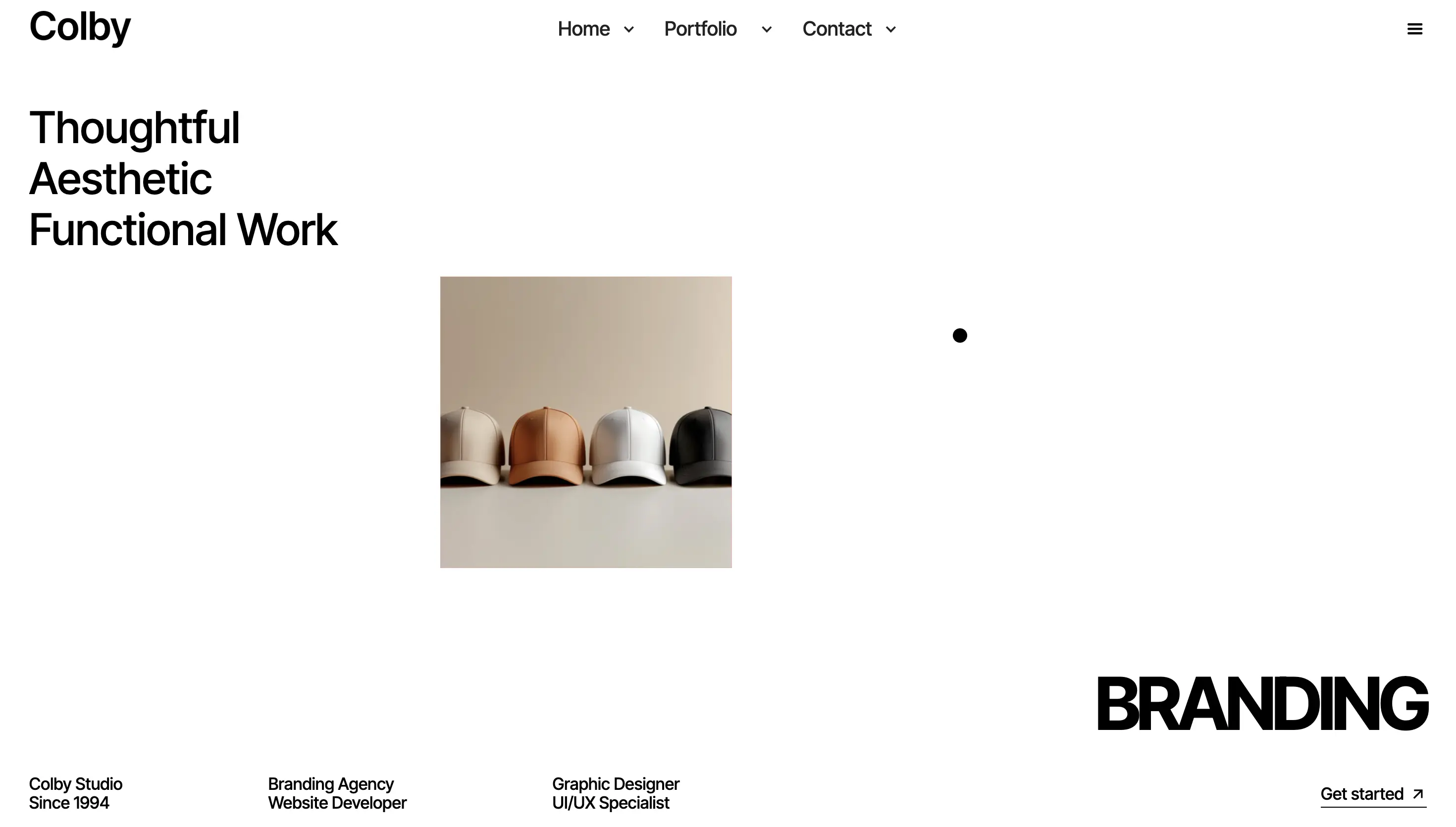 Website homepage with navigation menu, tagline 'Thoughtful Aesthetic Functional Work', row of four caps in neutral colors, and 'BRANDING' text.