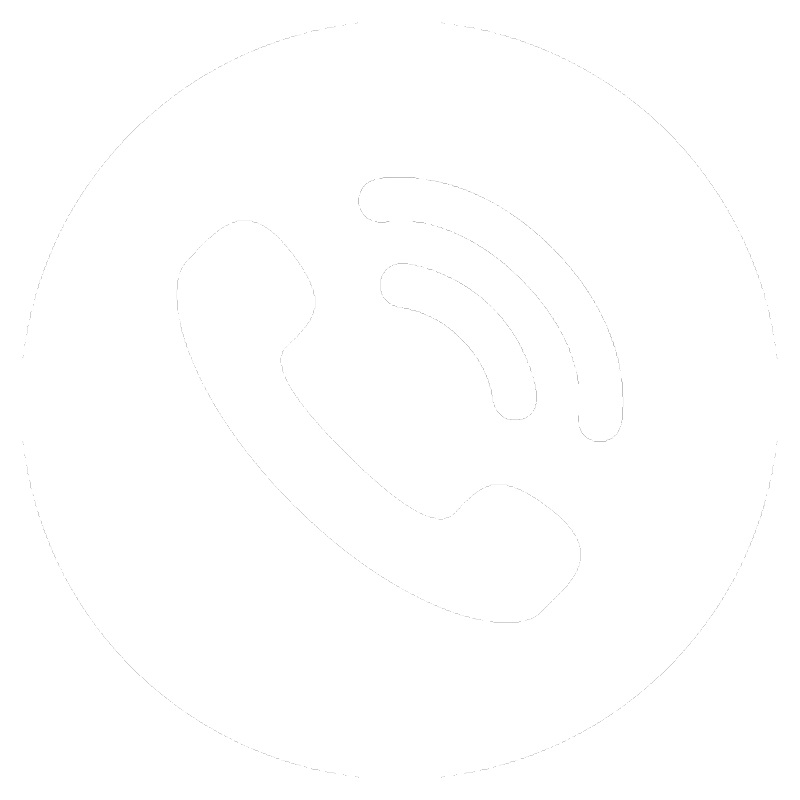 Black telephone handset icon with sound waves on a white circular background.