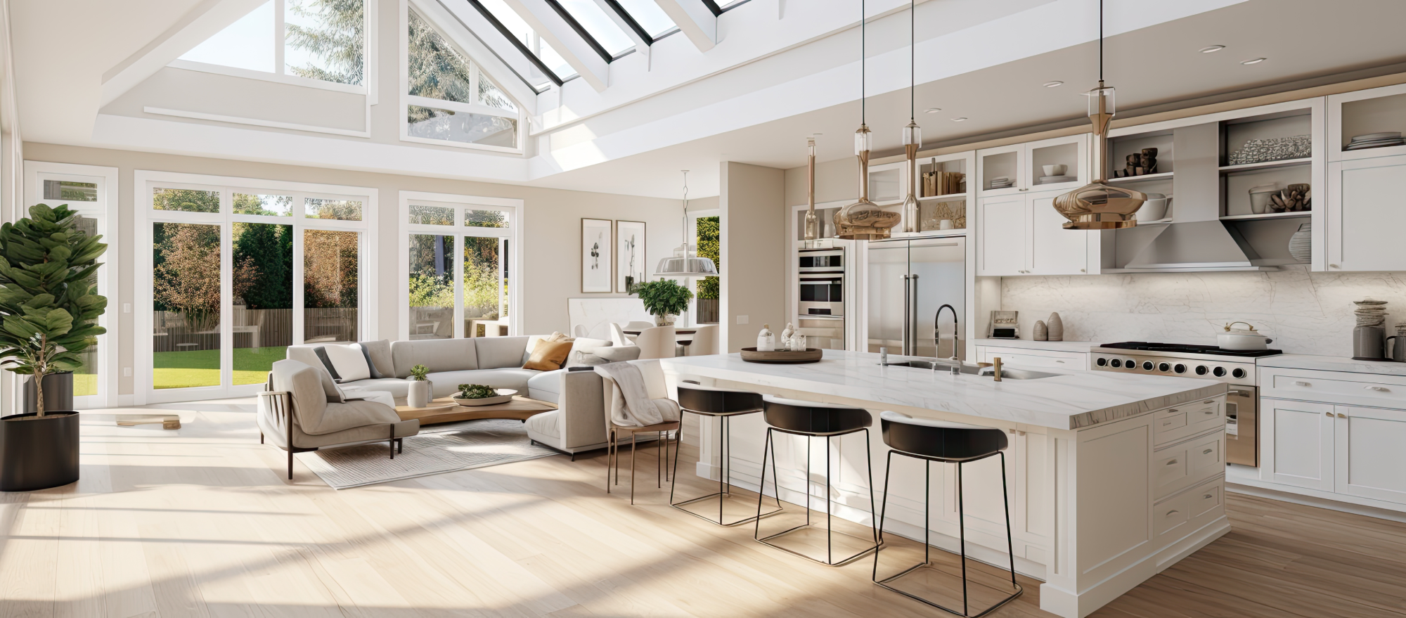 Spacious modern open-plan kitchen and living room with large skylights, white cabinetry, marble island with three black stools, and a light gray sectional sofa overlooking a green backyard.