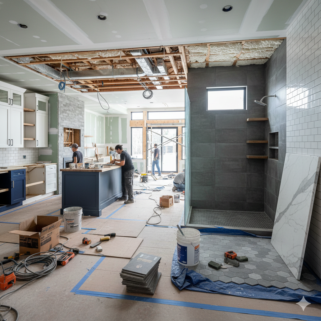 Interior of a house under renovation with workers installing kitchen cabinets and a modern tiled shower area.