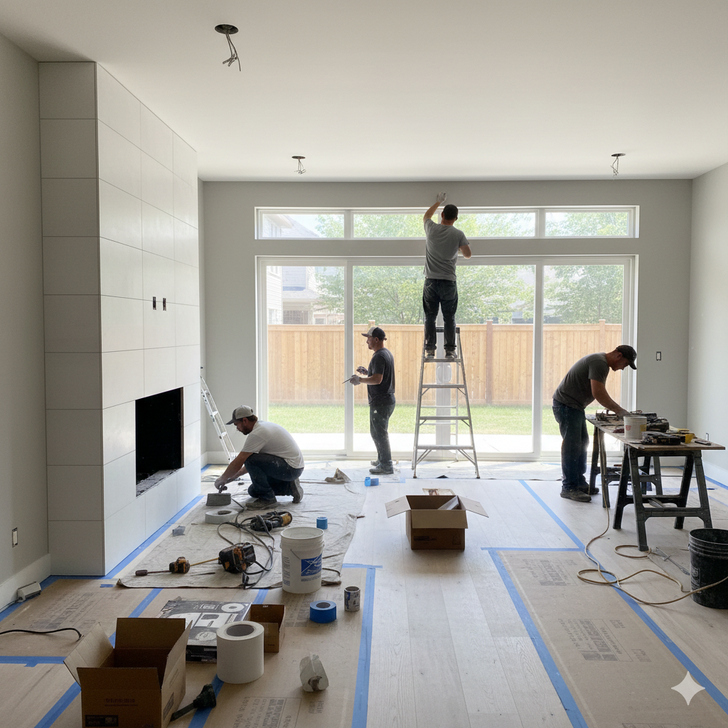 Four workers renovating a bright room with large windows, working on flooring and walls with tools and materials scattered around.
