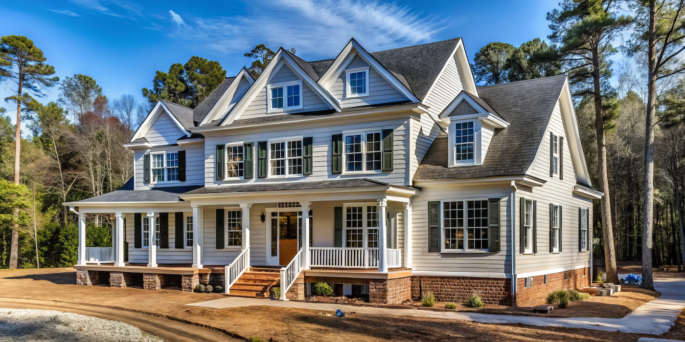 Large white two-story house with multiple gables, green shutters, a wraparound porch, and a surrounding wooded area under a blue sky.