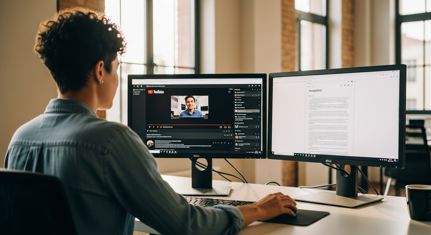 A content creator with short curly hair sitting at a modern desk with dual monitors, one showing a YouTube video and the other displaying a transcript document, in a bright co-working space