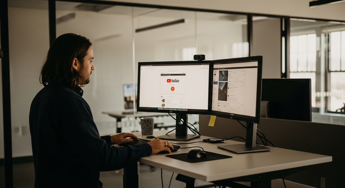 A marketing professional with long hair sitting at a standing desk with multiple monitors, one showing YouTube with a browser extension active, in a modern office with glass walls
