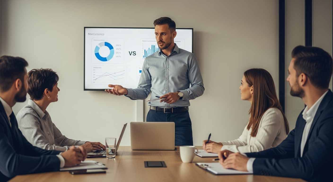 A business consultant with a laptop presenting to a small team around a conference table, with charts and comparison data visible on a wall-mounted screen in a modern office setting