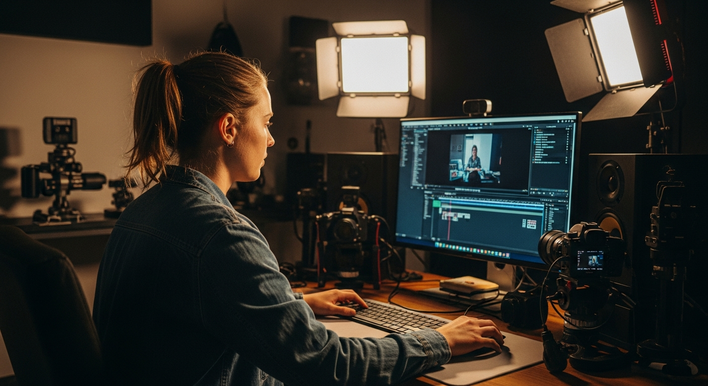A content creator with a ponytail working in a home studio setup with professional lighting, editing video on a large monitor with transcript panels visible, surrounded by camera equipment