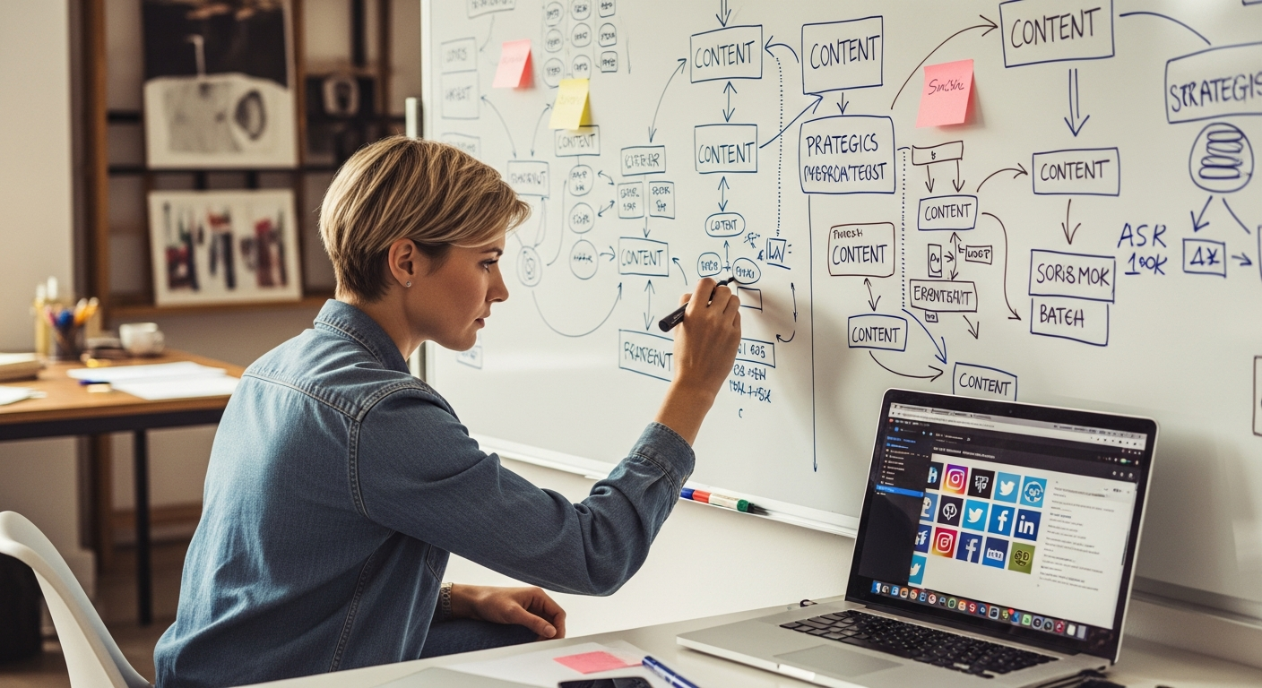 A content strategist with short blonde hair working at a whiteboard covered with content flow charts, with a laptop showing various social media platforms open on a nearby desk in a creative agency office
