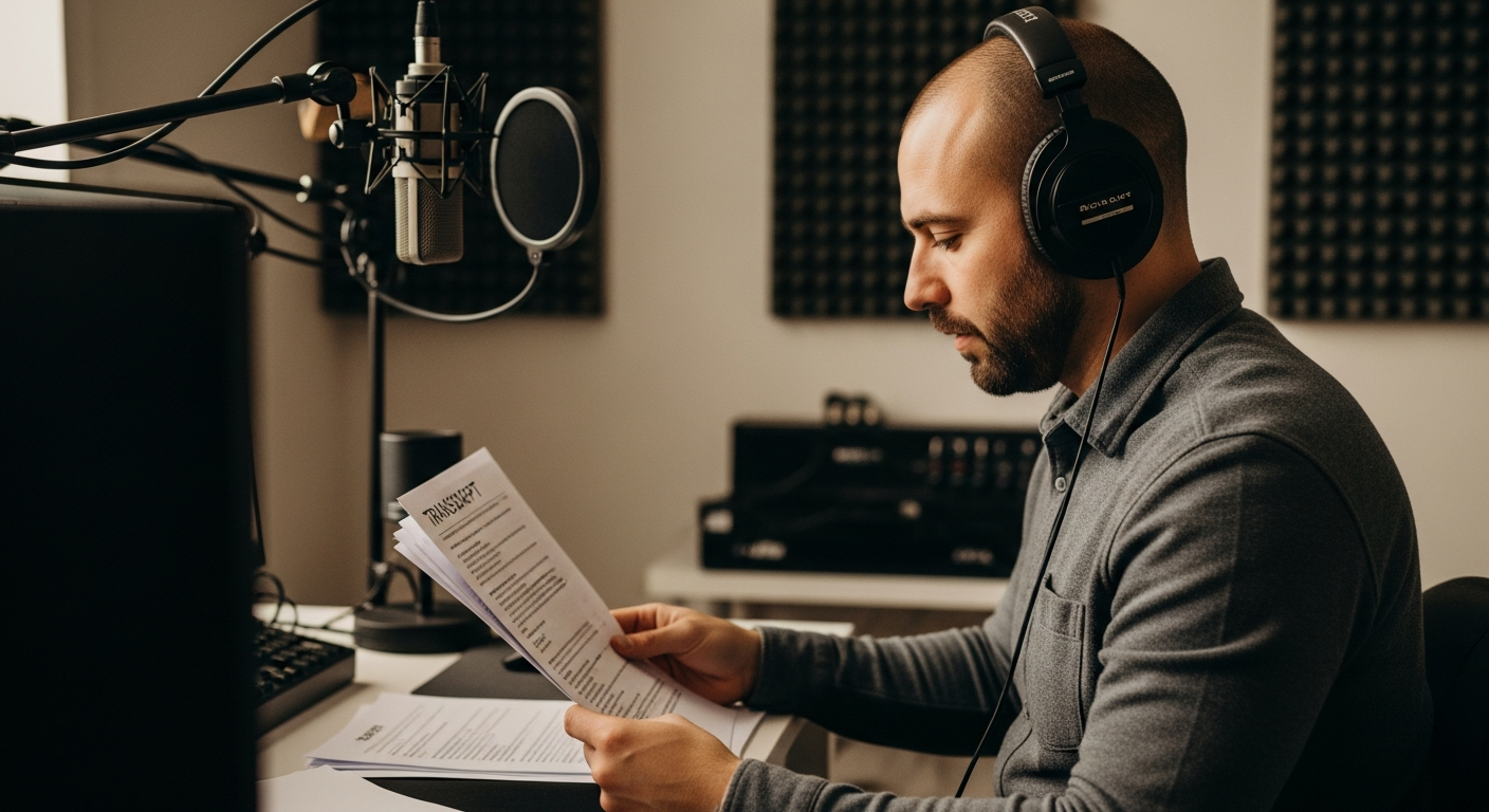 A podcast host with professional headphones reviewing transcript documents at a desk with studio microphones and acoustic foam panels visible in the background