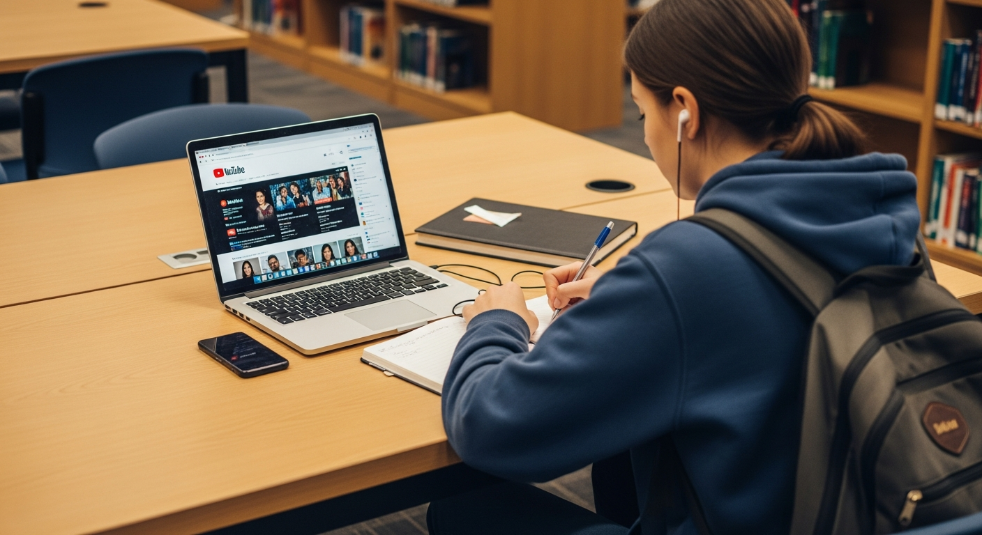 A college student with a backpack sitting at a library table with a laptop open to YouTube, taking notes in a notebook while wearing earbuds