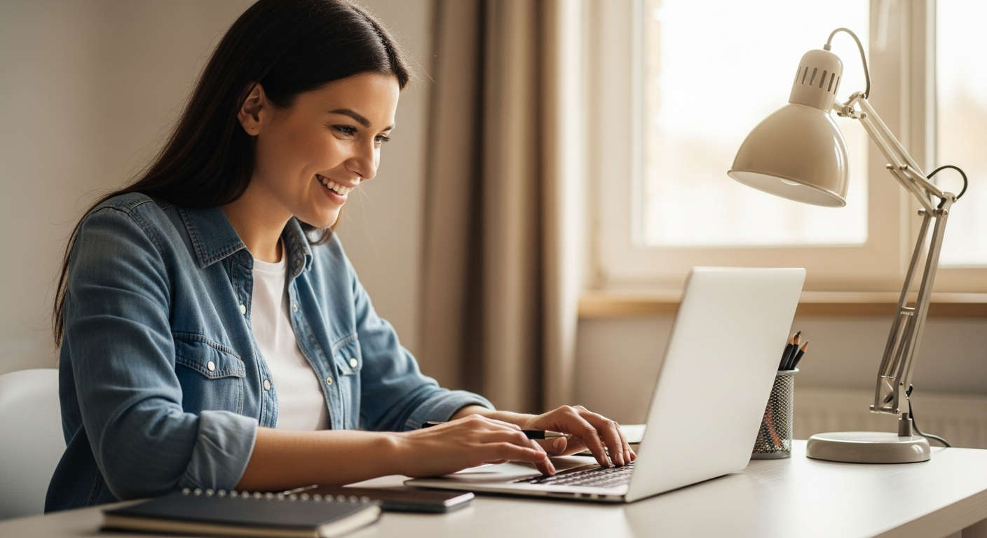 A successful content creator with a genuine smile working at a clean, organized desk with a laptop, smartphone, and notebook, natural lighting from a window, representing achievement and productivity