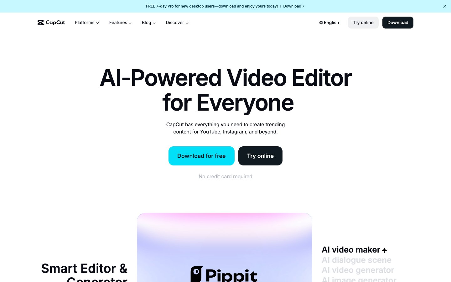 Screenshot of the CapCut homepage showing its main interface and features