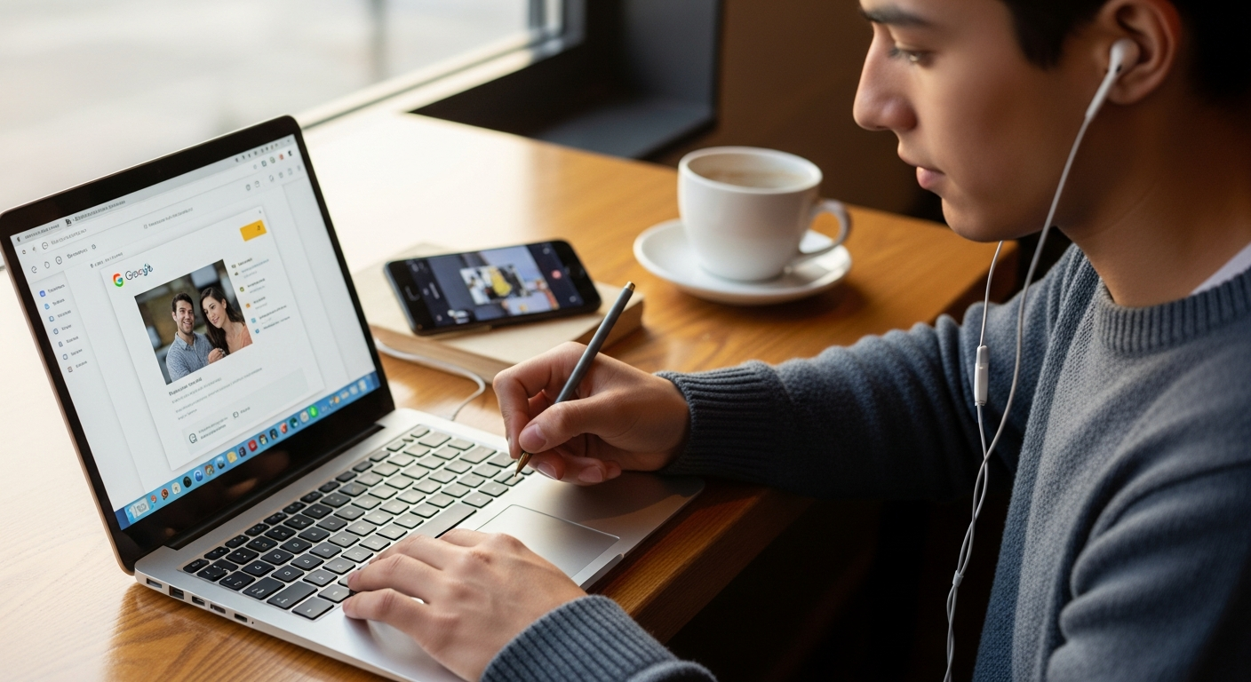 A college student wearing earbuds at a coffee shop, using Google Docs on a Chromebook with a smartphone playing a video nearby, natural window lighting